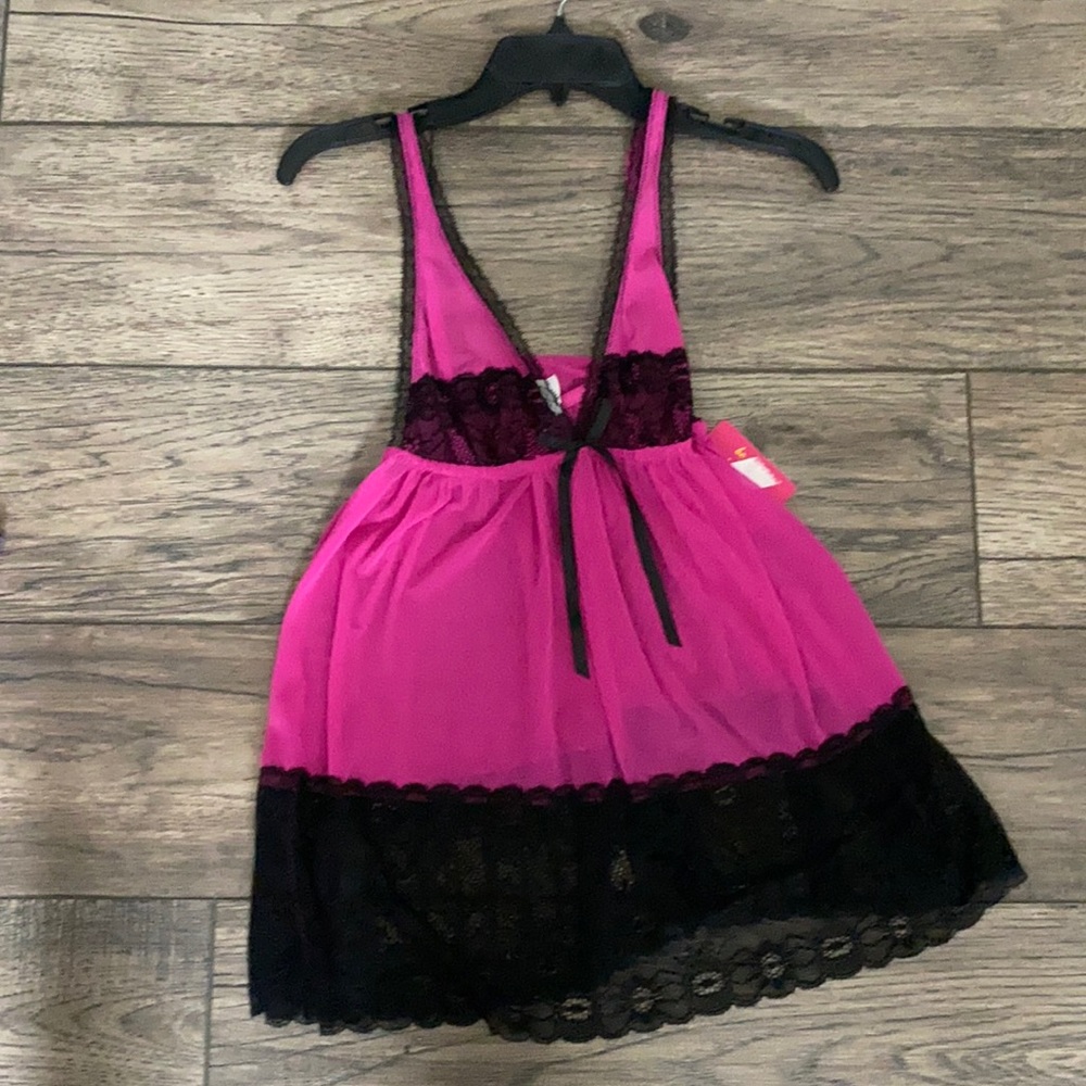 Brand New Pink and Black Lace Babydoll with thong